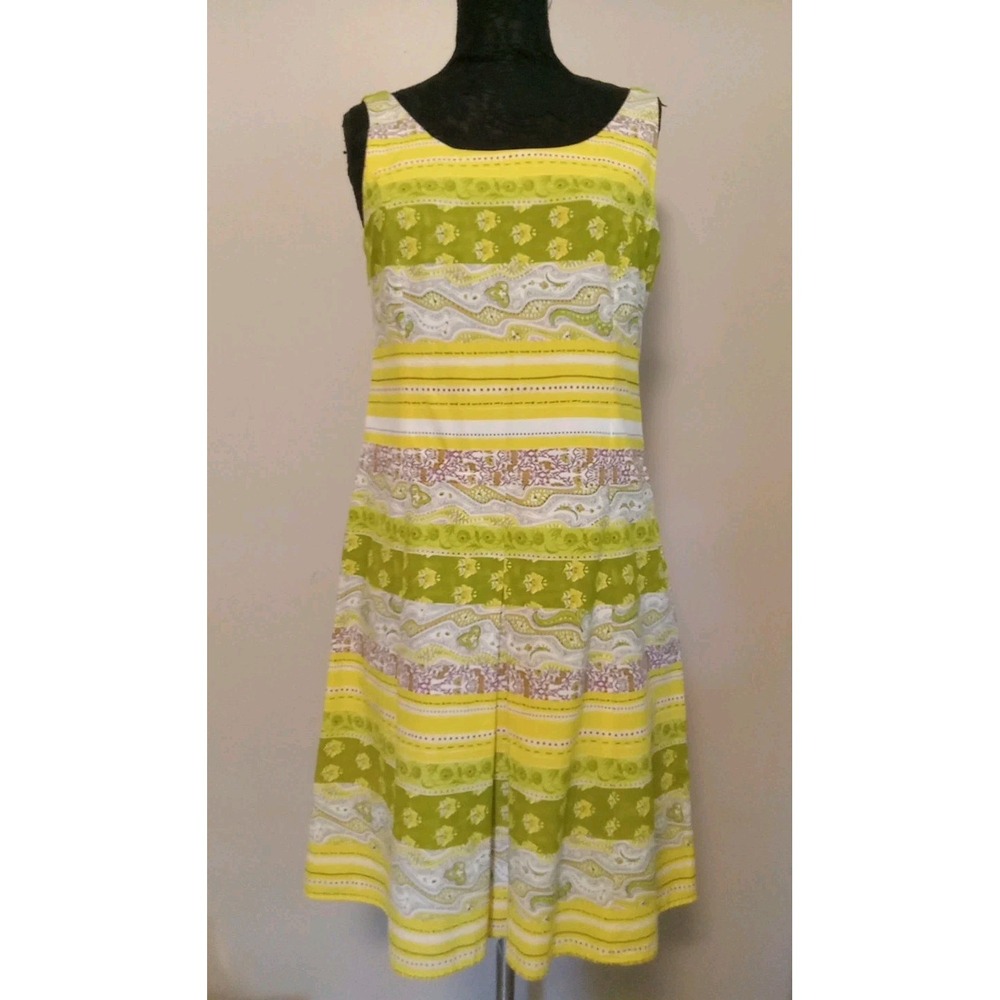 Tribal Women Yellow Greens Paisley Pattern Sleeveless Back Zip Dress Size 10
